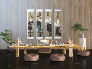 日式竹竿支撑的茶桌圆形坐垫