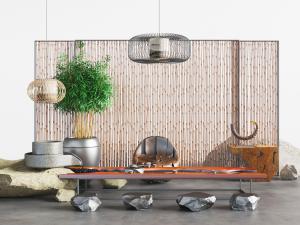 中式金属支架的实木茶桌、石凳