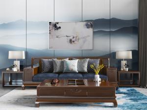 中式实木多人沙发、茶几和边几组合