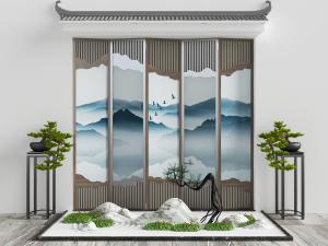 中式假山、松树和屏风景观小品
