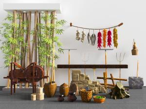 中式民宿各式农具、竹子