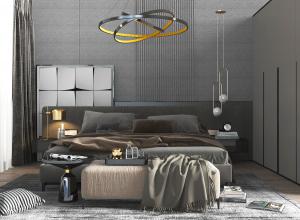 现代的青蛇布艺双人床、床尾凳