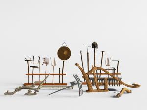 中式古典仿古犁铁锹镰刀等农具耕地用具