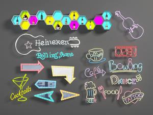 广告霓虹灯文字指示牌、装饰墙柜