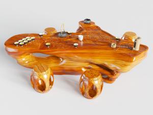 中式原木雕花茶桌凳组合