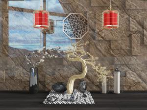 中式松树石头景观小品