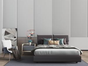 后现代双人床、床头吊坠灯