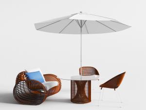 东南亚藤编休闲桌椅遮阳伞