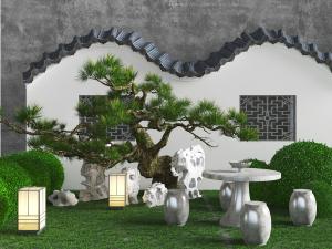 中式庭院假山松树石桌石凳景观园艺小品