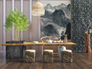 中式长方形茶桌椅组合