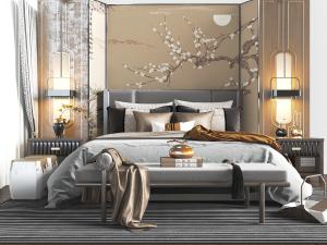 新中式双人床床尾凳