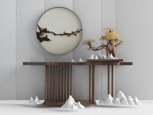 中式实木端景台盆景盆栽3d模型 中式实木端景台盆景盆栽