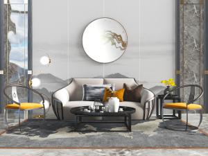 新中式多人沙发休闲椅子茶几组合