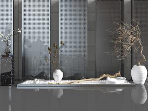 新中式花盆干枝石头景观小品