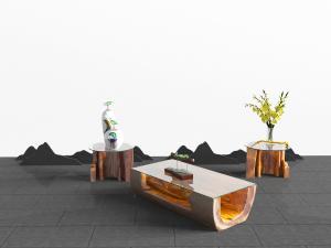 中式实木玻璃台面茶几边几