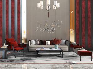 新中式多人沙发休闲椅子沙发凳茶几组合