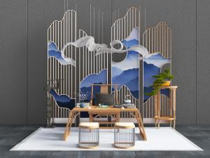 中式弓字形实木茶桌椅屏风