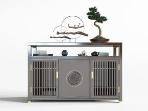 中式实木栅格柜门的玄关柜边柜