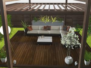 中式露台庭院户外多人沙发和景观小品