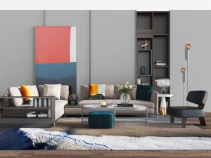 新中式多人布艺转角沙发、茶几组合