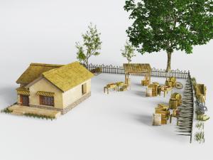 中式民宿土房子和农家用具