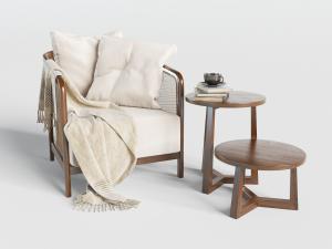 新中式实木边框的单人沙发和边几3d模型 新中式实木边框的单人沙发和边几