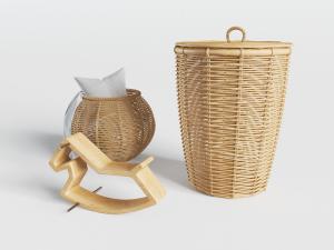 现代藤编衣物收纳篮和儿童玩具木马3d模型 现代藤编衣物收纳篮和儿童玩具木马