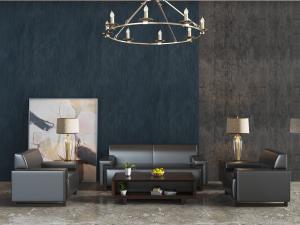 现代黑色皮革多人沙发、单人沙发和茶几组合