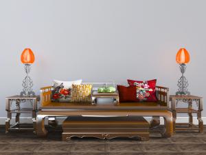 中式古典实木罗汉床、茶几和边几组合