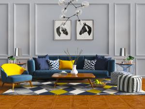 北欧现代蓝色多人沙发、休闲椅子和茶几组合