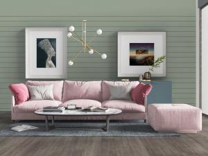 北欧粉色多人沙发方形坐墩茶几组合