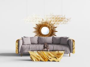 新中式多人沙发、根雕造型的茶几组合