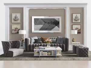 简欧软包多人沙发、单人沙发和方形坐墩组合