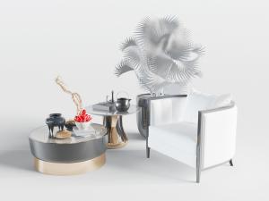 新中式单人沙发、圆形茶几3d模型 新中式单人沙发、圆形茶几