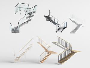现代玻璃扶手、金属栏杆的楼梯3d模型 现代玻璃扶手、金属栏杆的楼梯