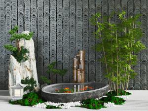 中式鱼池、假山和竹子景观小品