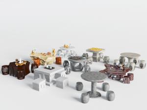 中式实木根雕、石头茶桌石凳