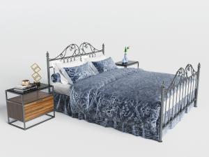 欧式雕花铁艺双人床、床头柜