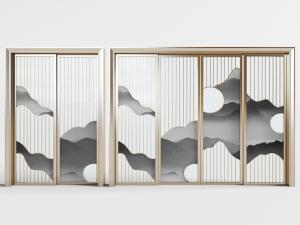 中式带着山脉图案的推拉门