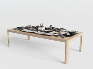 日式实木长方形餐桌餐具3d模型 日式实木长方形餐桌餐具