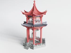 中式带螺旋楼梯的亭阁楼台建筑