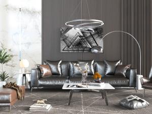 后现代皮革多人沙发休闲椅子沙发凳组合