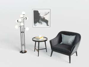 现代黑色单人沙发边几落地灯3d模型 现代黑色单人沙发边几落地灯