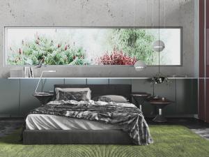 现代黑色床头的双人床、床头茶几