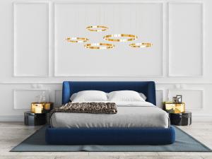 新中式蓝色布艺双人床、床头柜