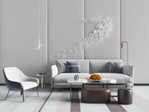 新中式灰白色多人沙发、茶几和坐墩组合