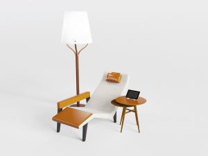 新中式现代带扶手的躺椅、边几和落地灯