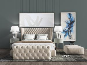 简欧菱形软包床头双人床、菱形长方形坐墩