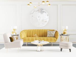 现代黄色多人沙发、单人沙发和圆形坐凳组合模