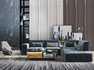 现代无脚布艺块状转角多人沙发、休闲椅和茶几组合模